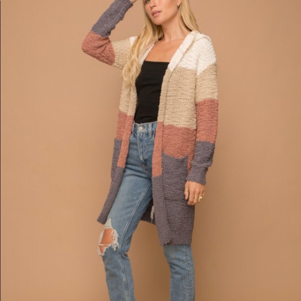 popcorn textured color block hoodie cardigan